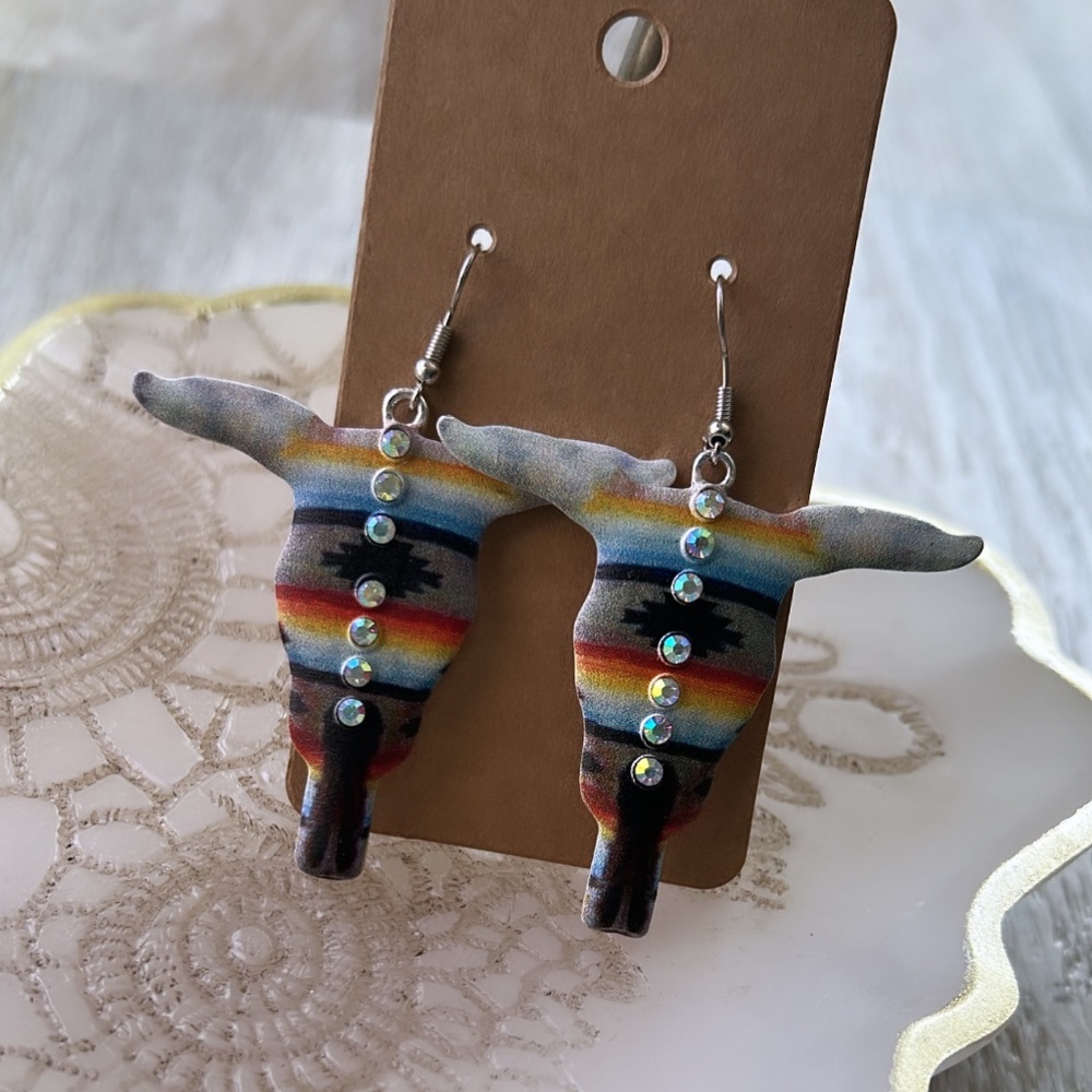 Metal Longhorn Earrings Cow Head Bull Head Steer Western Country Cowgirl - Picture 2 of 5